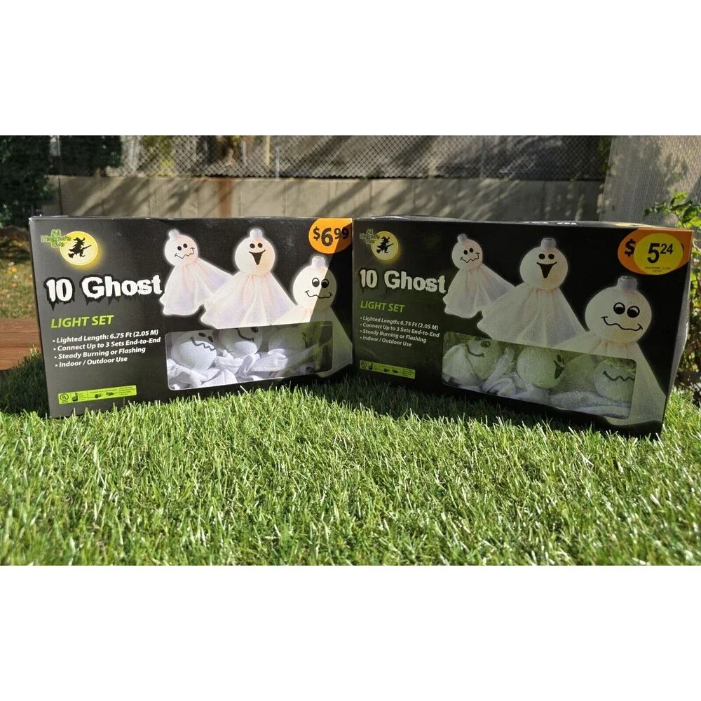 Lot Of 2 Sets All Hallow's Eve 10 White Ghost String Light Set Plug In NIB Rare